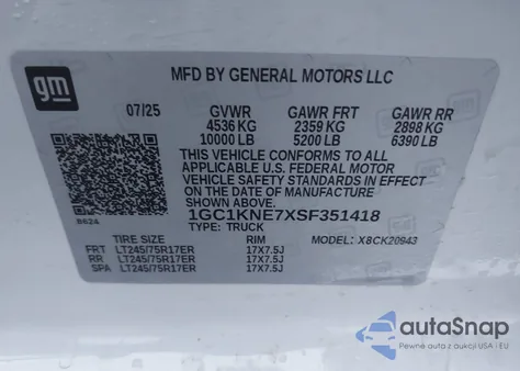 2025 Chevrolet Silverado 2500Hd 4Wd Long Bed Lt from USA, damaged, VIN 1GC1KNE7XSF351418